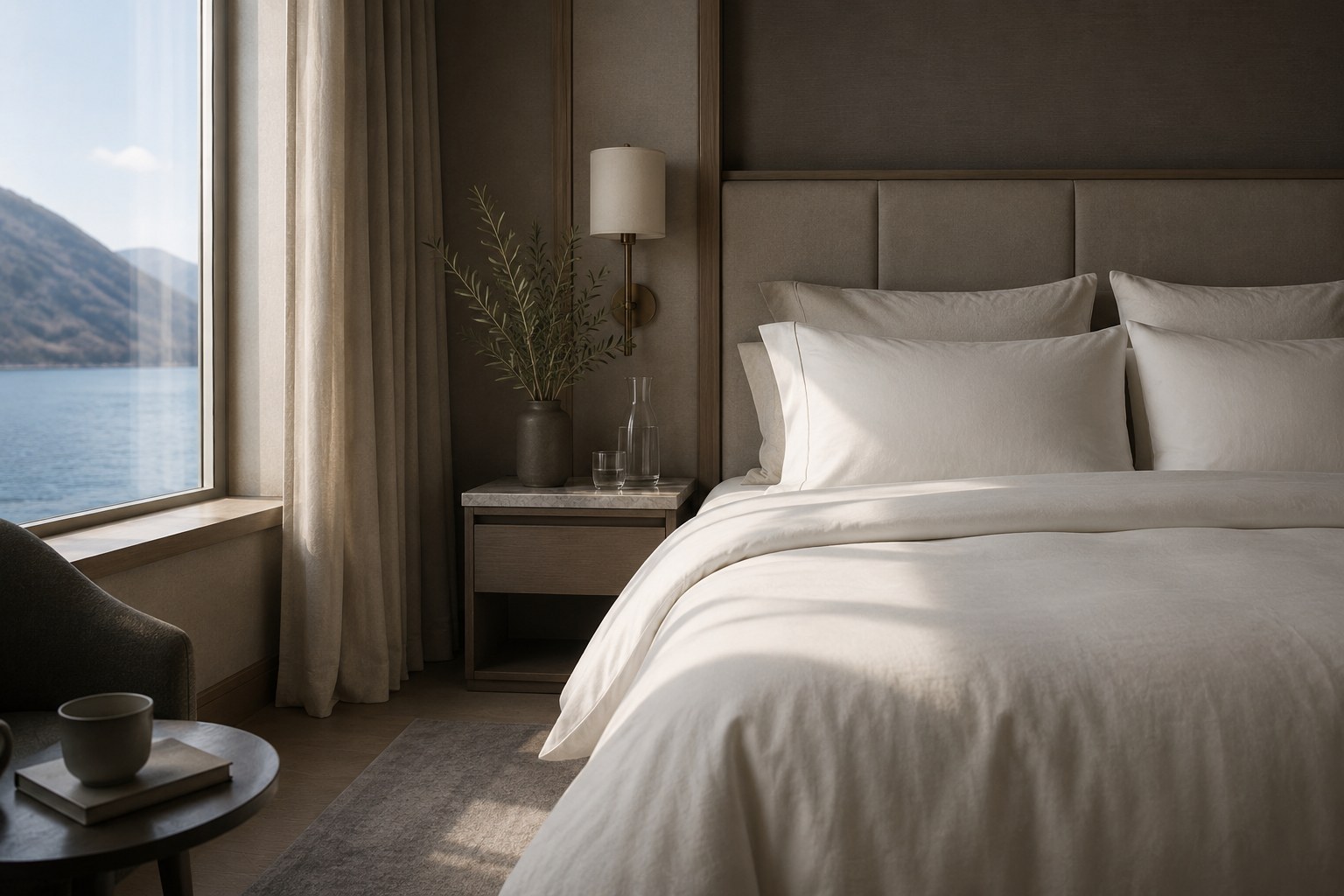 Dressed hotel bed with layered white linen
