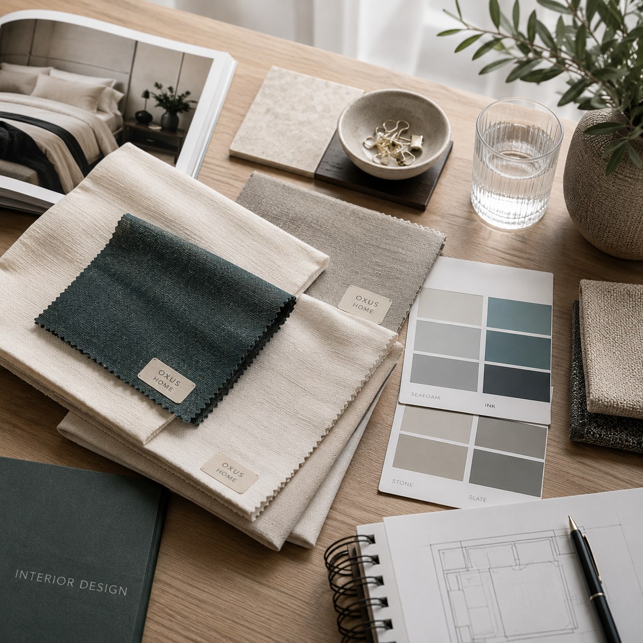 Oxus Home fabric swatches and a colour palette on a designer's desk